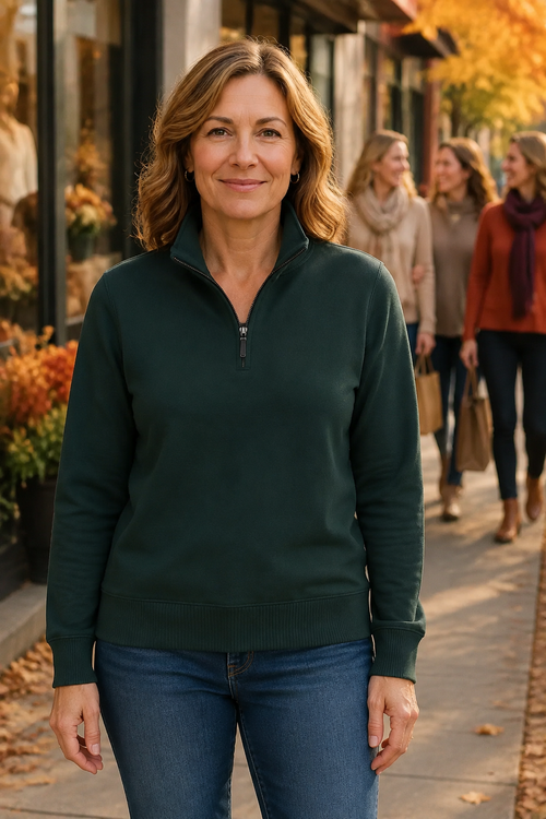 A woman wearing a dark green quarter-zip pullover sweater and blue jeans stands on a city sidewalk, with blurred pedestrians and storefronts in the background.