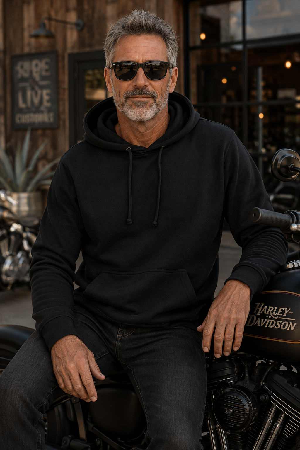 A man wearing a black pullover hoodie and dark sunglasses sits on a Harley-Davidson motorcycle in front of a rustic wooden storefront.
