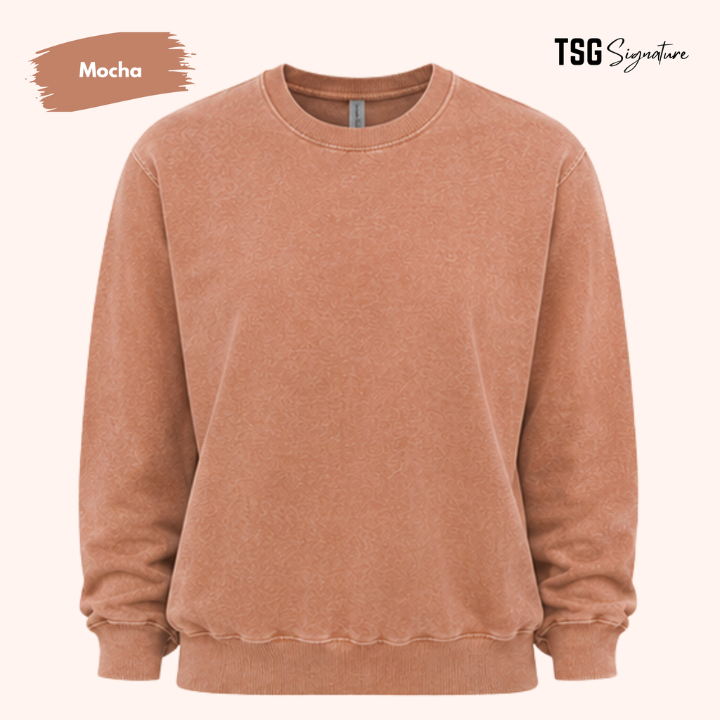 A washed mocha brown crewneck sweatshirt shown flat against a light cream background, with a 'Mocha' color swatch label on the top left and 'TSG Signature' branding on the top right.