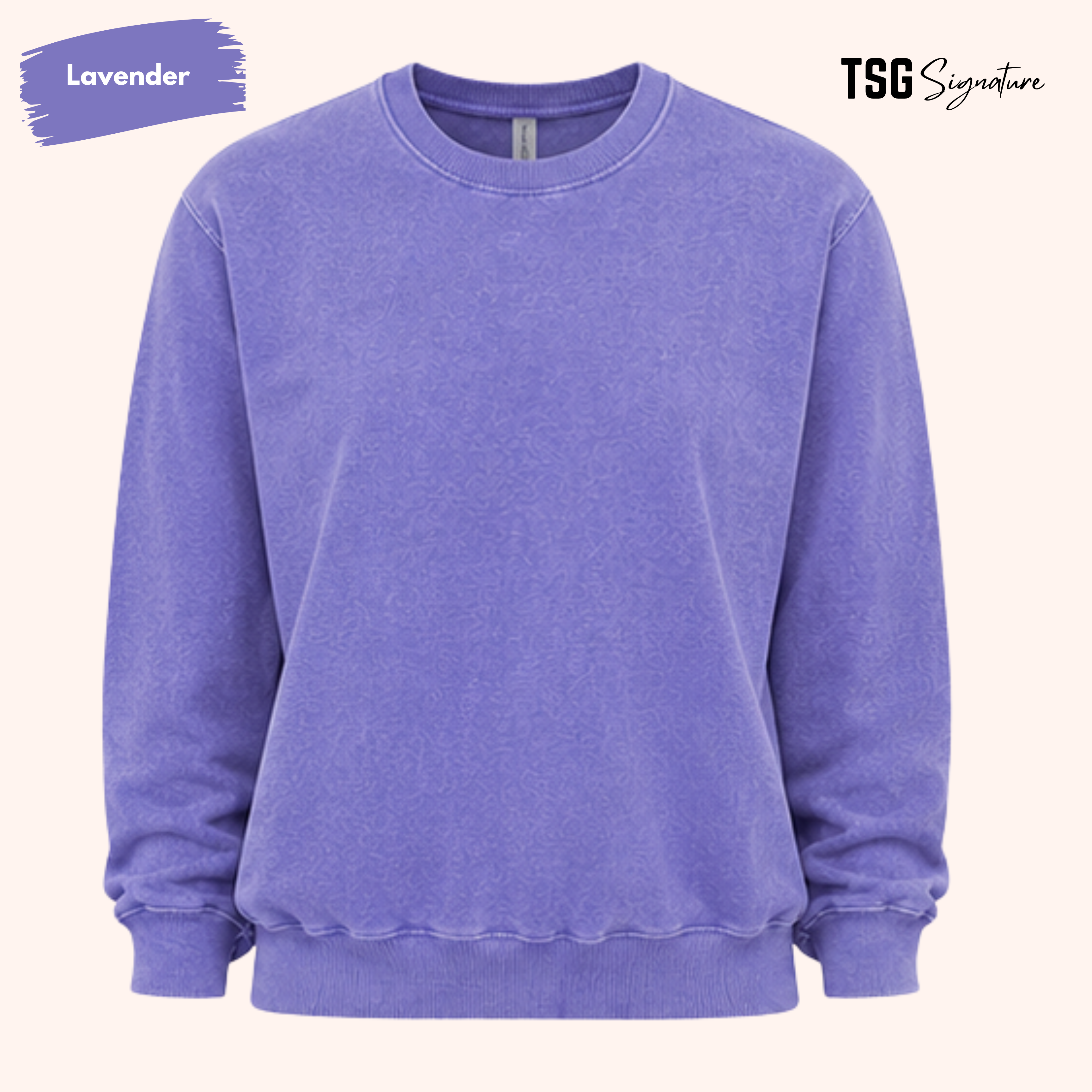 A lavender crewneck sweatshirt shown flat against a light cream background, with a purple paint-splatter label reading 'Lavender' in the top-left and 'TSG Signature' in the top-right.
