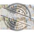 A collage of a woman modeling the same sweatshirt in multiple colorways, overlaid with a large circular 'COMING SOON' stamp and diagonal stripe across the center.