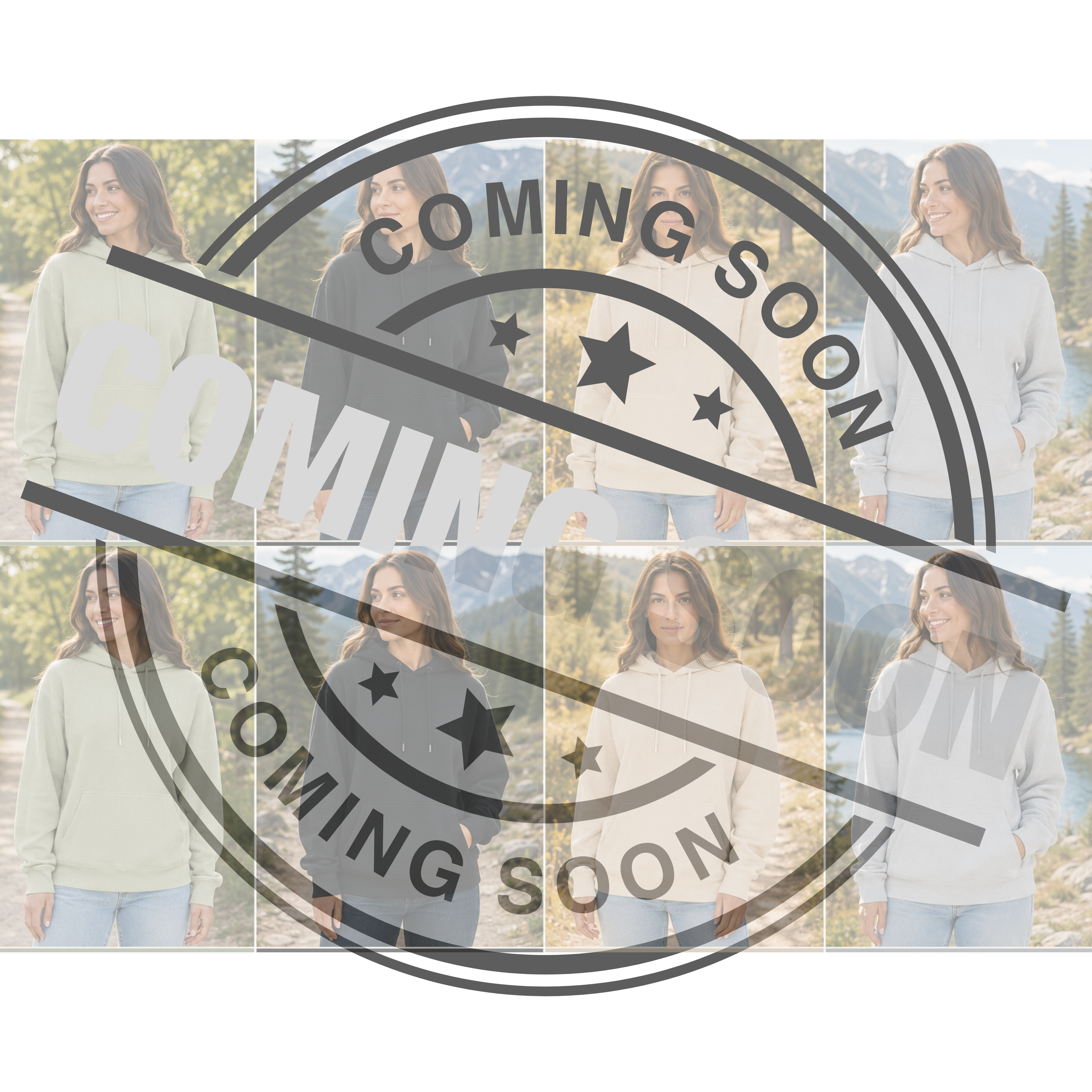 A collage of a woman modeling the same sweatshirt in multiple colorways, overlaid with a large circular 'COMING SOON' stamp and diagonal stripe across the center.