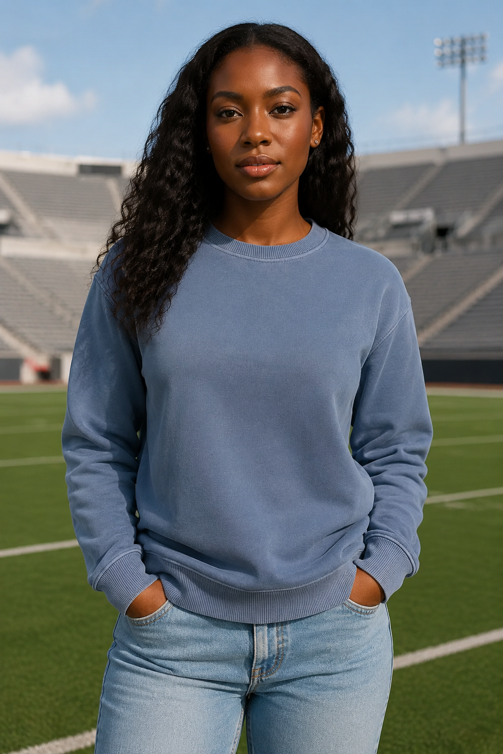 A woman with long, curly black hair stands on a green athletic field in front of stadium seating, wearing a dusty slate blue crewneck sweatshirt and light blue jeans.