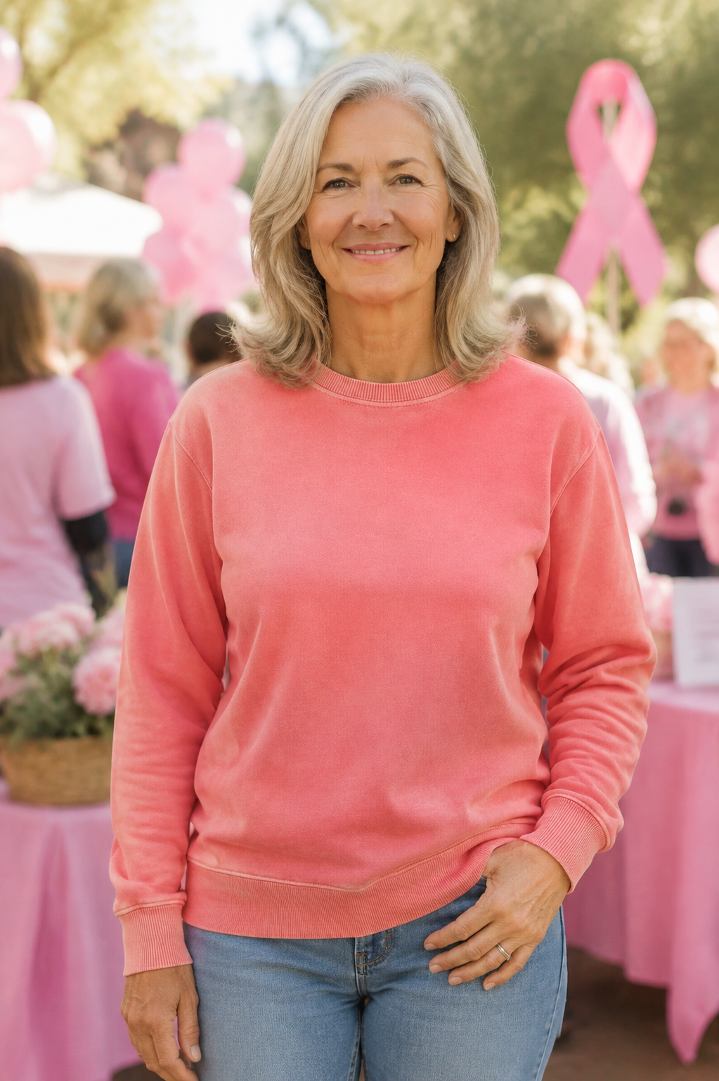 A smiling woman with gray hair stands outdoors wearing a coral pink crewneck sweatshirt and blue jeans, with pink ribbons and tables visible in the blurred background.