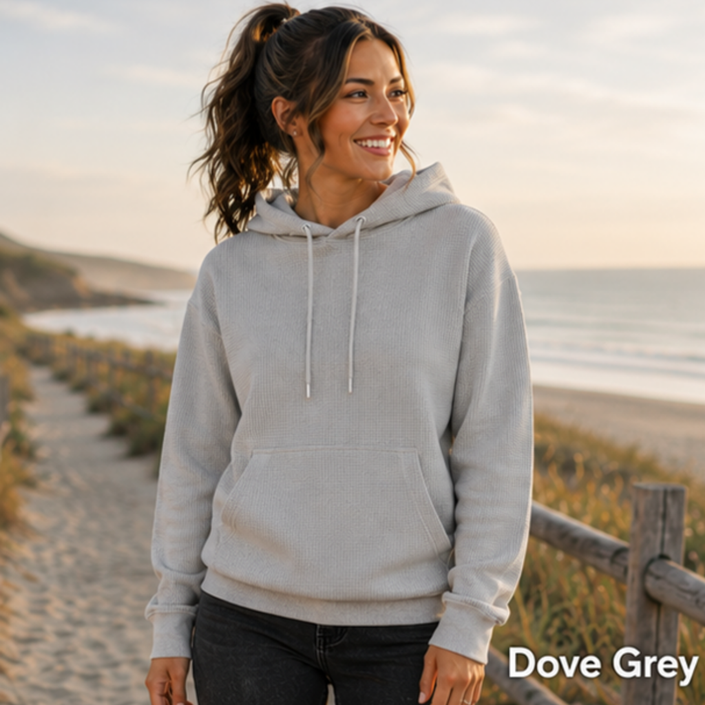 A woman wearing a light gray hoodie stands on a beach path with the ocean in the background. The text 'Dove Grey' is visible in the bottom right corner.