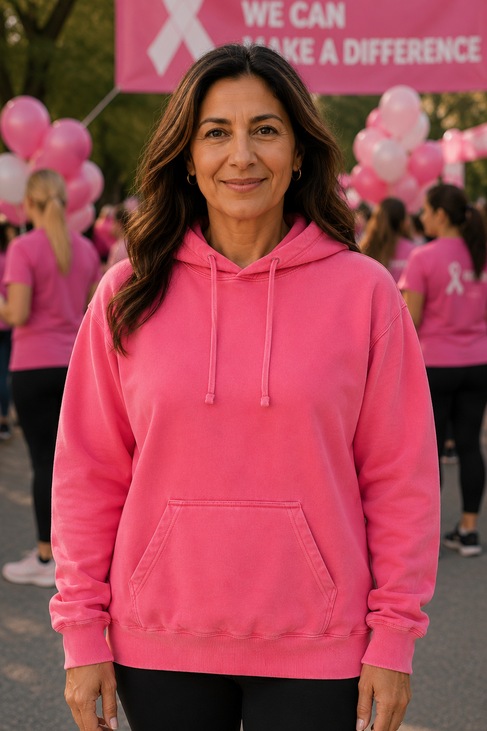 A woman wearing a bright pink hoodie stands outdoors in front of a pink awareness banner that reads 'TOGETHER WE CAN MAKE A DIFFERENCE,' with pink balloons and other people in pink shirts blurred in the background.