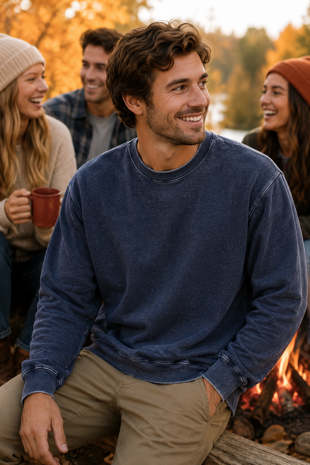 A smiling man wearing a faded navy blue crewneck sweatshirt and khaki pants sits by a campfire with friends in an outdoor autumn setting.