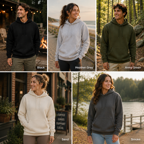 A five-panel collage showing the same hoodie colorway worn by models in real outdoor and storefront settings. The top row shows a black hoodie, a light heather grey hoodie, and an olive green hoodie near a lake and campfire.
